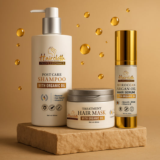 Haircloth Professional Retail Kit Combo (Post care shampoo 300ml + Treatment mask 300ml + Argan Oil Serum 50ml)